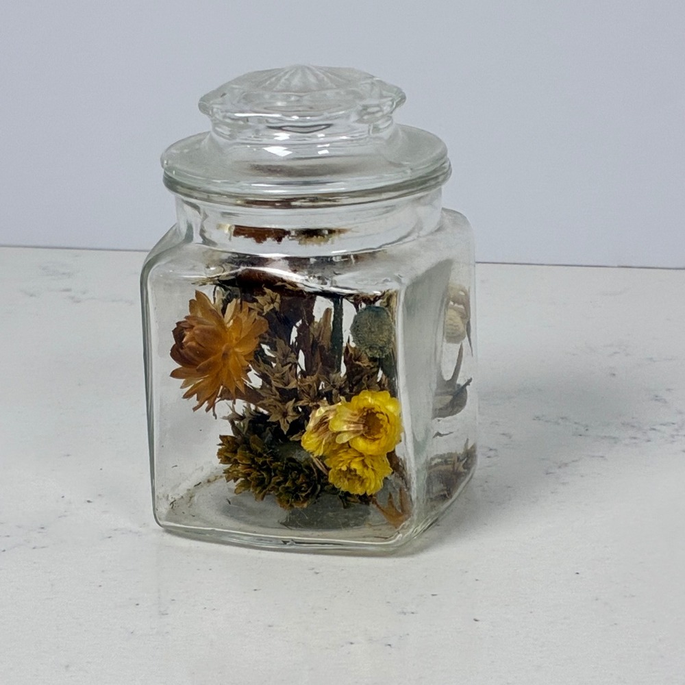 Small Clear Dried Flower Apothecary Glass Jar w/ Lid Cottage Rustic Farmhouse